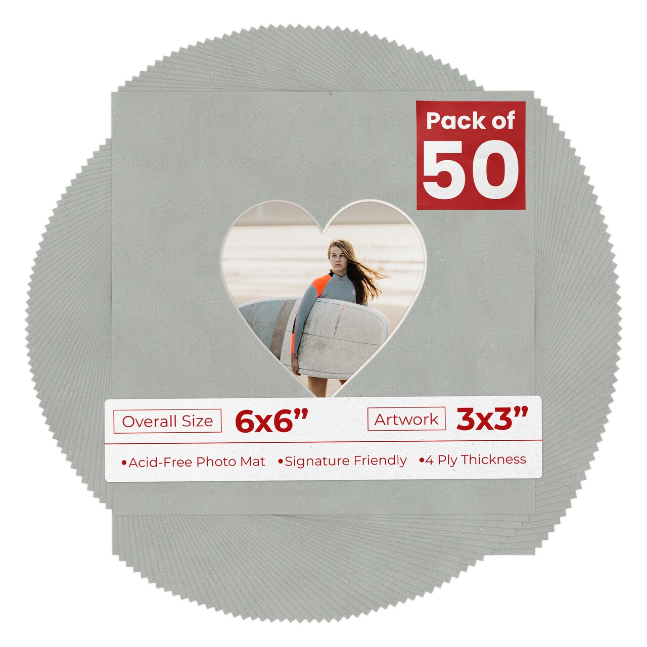 Light Grey Suede Mat Board for 6x6 Frames - Heart Opening for 3x3 Photos